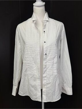 White Pleated Front Button-Up Shirt
